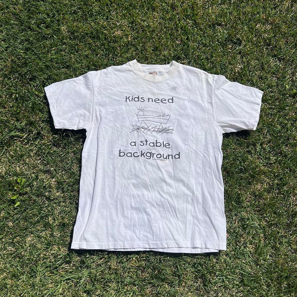 1990s Jesus tee “kids need a stable background” L tee